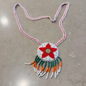 Hand-Beaded Authentic Native American Red Star Medallion Leather Necklace